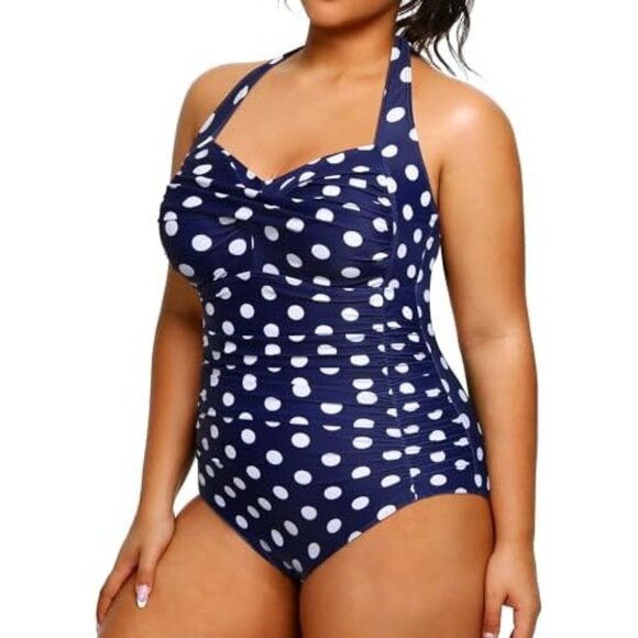 Sweetheart Neckline Halter Design Tummy Control Polka Dot One-Piece Swimsuit 20 - Picture 3 of 8